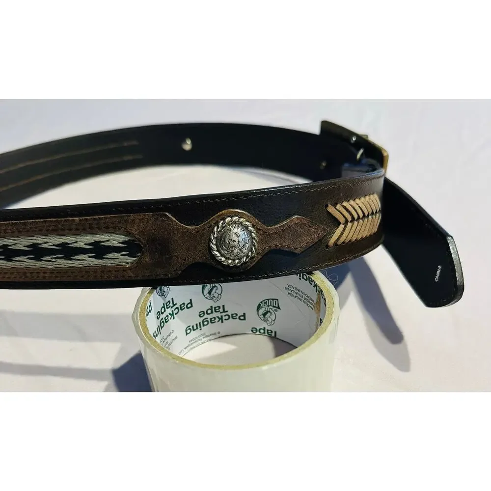 Nocona Belt Men 36 Brown Leather Western Cowboy Rodeo Silver/Gold Accent Aztec